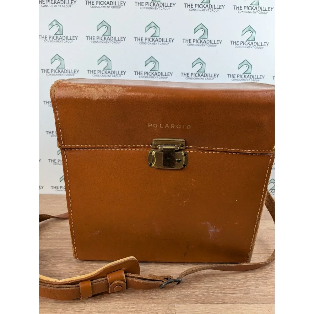 Vintage Polaroid Tan Leather Camera Case Box Bag Adjustable Strap Gold Hardware
